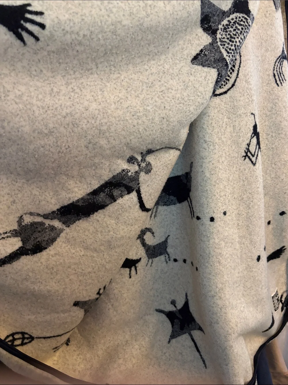 EMi Light Gray Patterned petroglyphs Throw with Buffalo & Sun Motifs. BG204